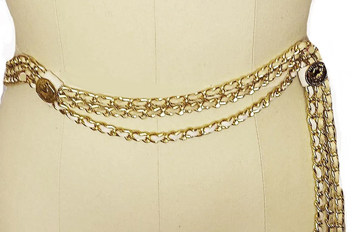 *  VINTAGE GOLD METAL FAUX FRENCH COINS & LEATHER 3 ROW CHAIN BELT