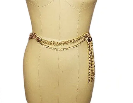 *  VINTAGE GOLD METAL FAUX FRENCH COINS & LEATHER 3 ROW CHAIN BELT