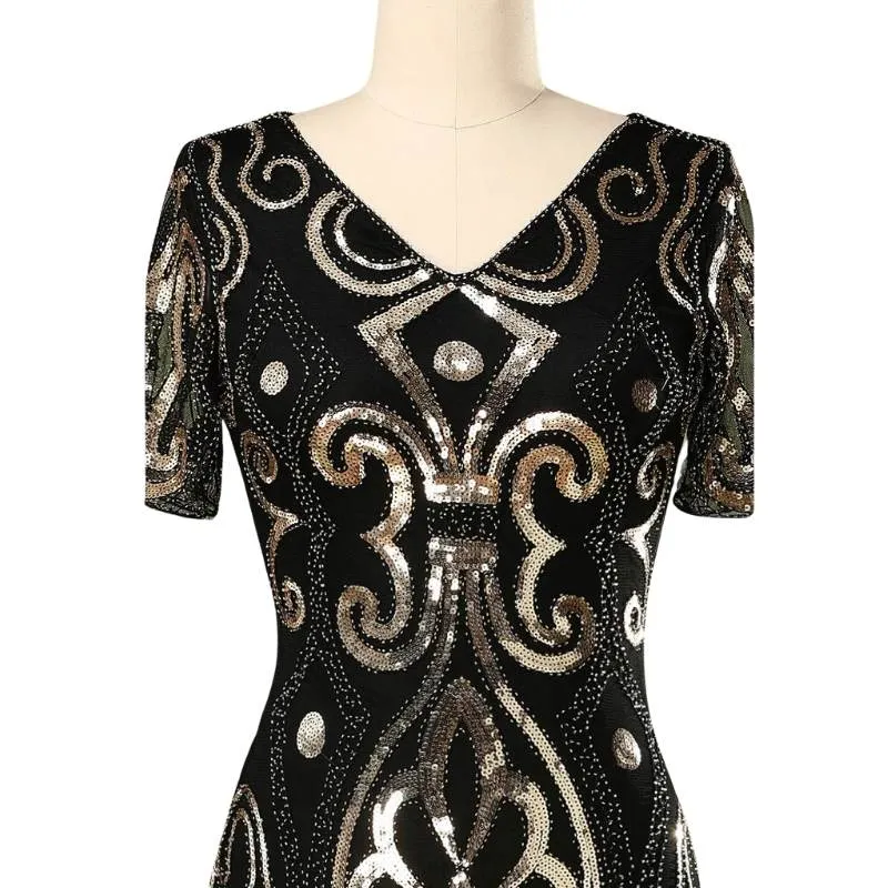 1920s Beaded Flapper Dress with Sleeves - Gold- Hire