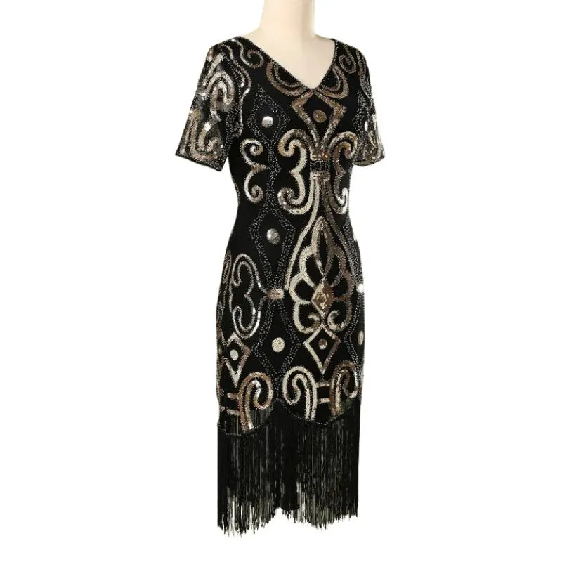 1920s Beaded Flapper Dress with Sleeves - Gold- Hire