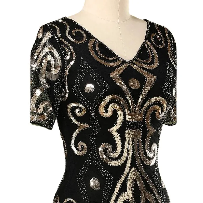 1920s Beaded Flapper Dress with Sleeves - Gold- Hire