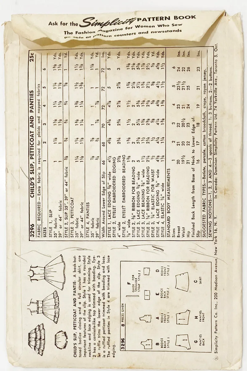 1950 Vintage Simplicity 3296 Childs Slip Petticoat & Panties Sewing Pattern