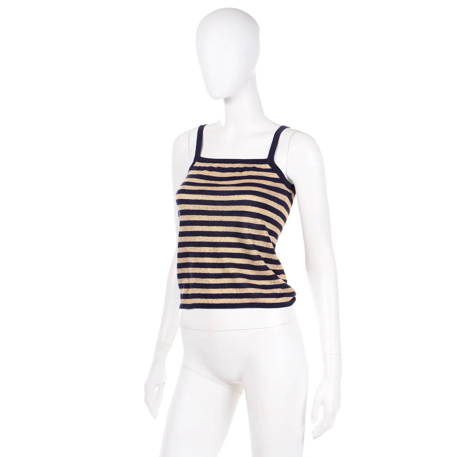 1970s Yves Saint Laurent Midnight Blue Knit and Metallic Gold Camisole Top