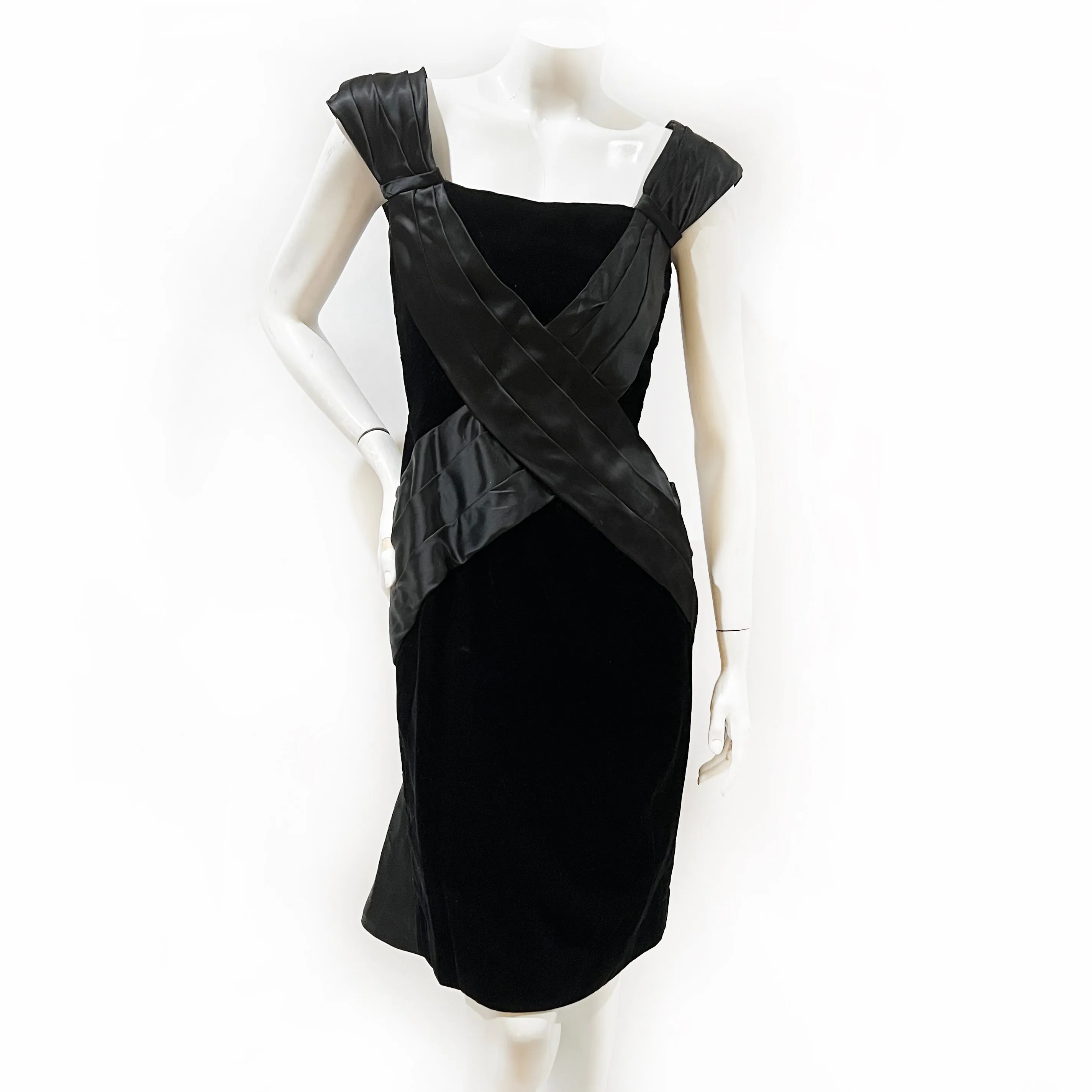 1980s Black Velvet and Satin Strap Accent Dress