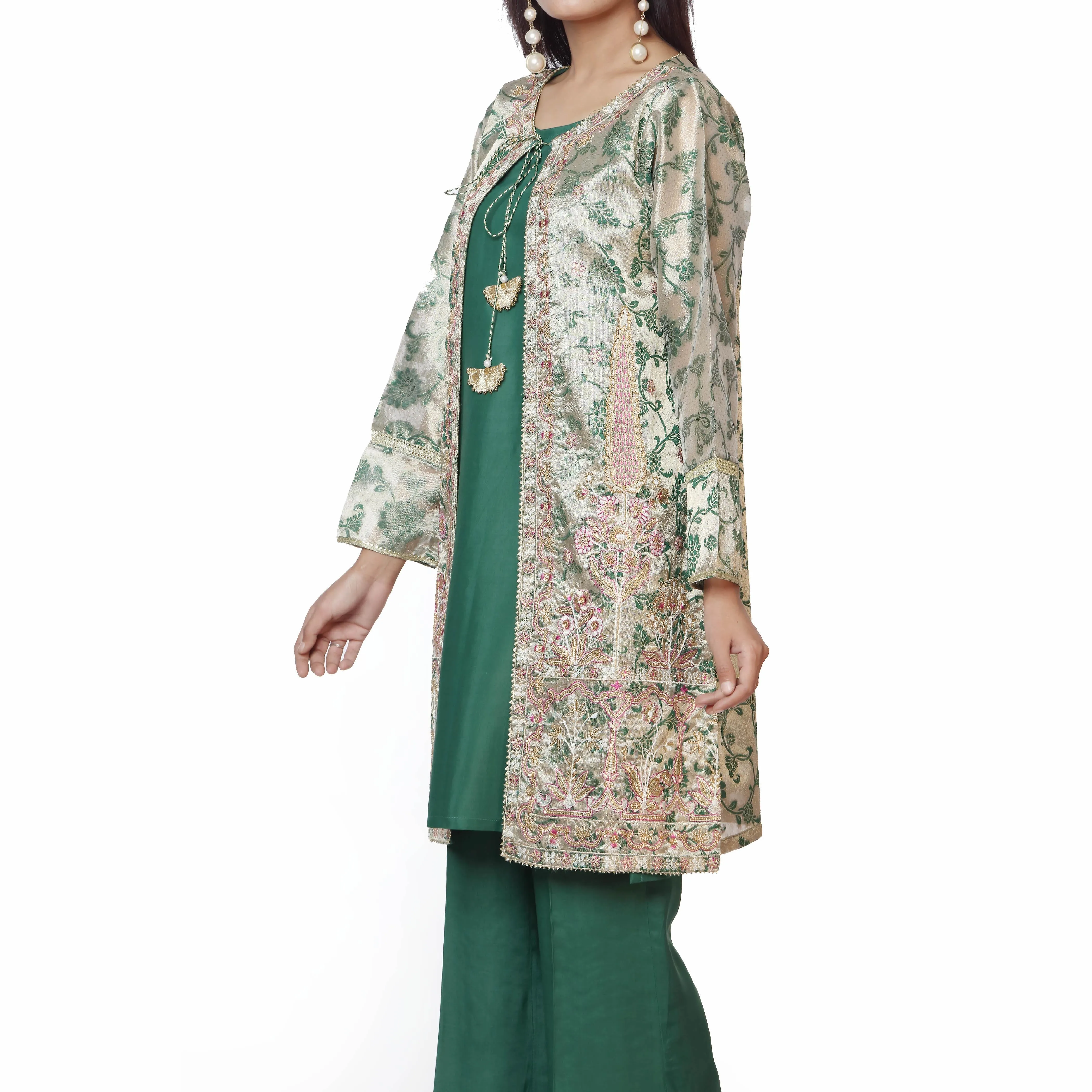 3PC-Embellished Jamawar Shirt with Raw silk Camisole & Trouser PS2301