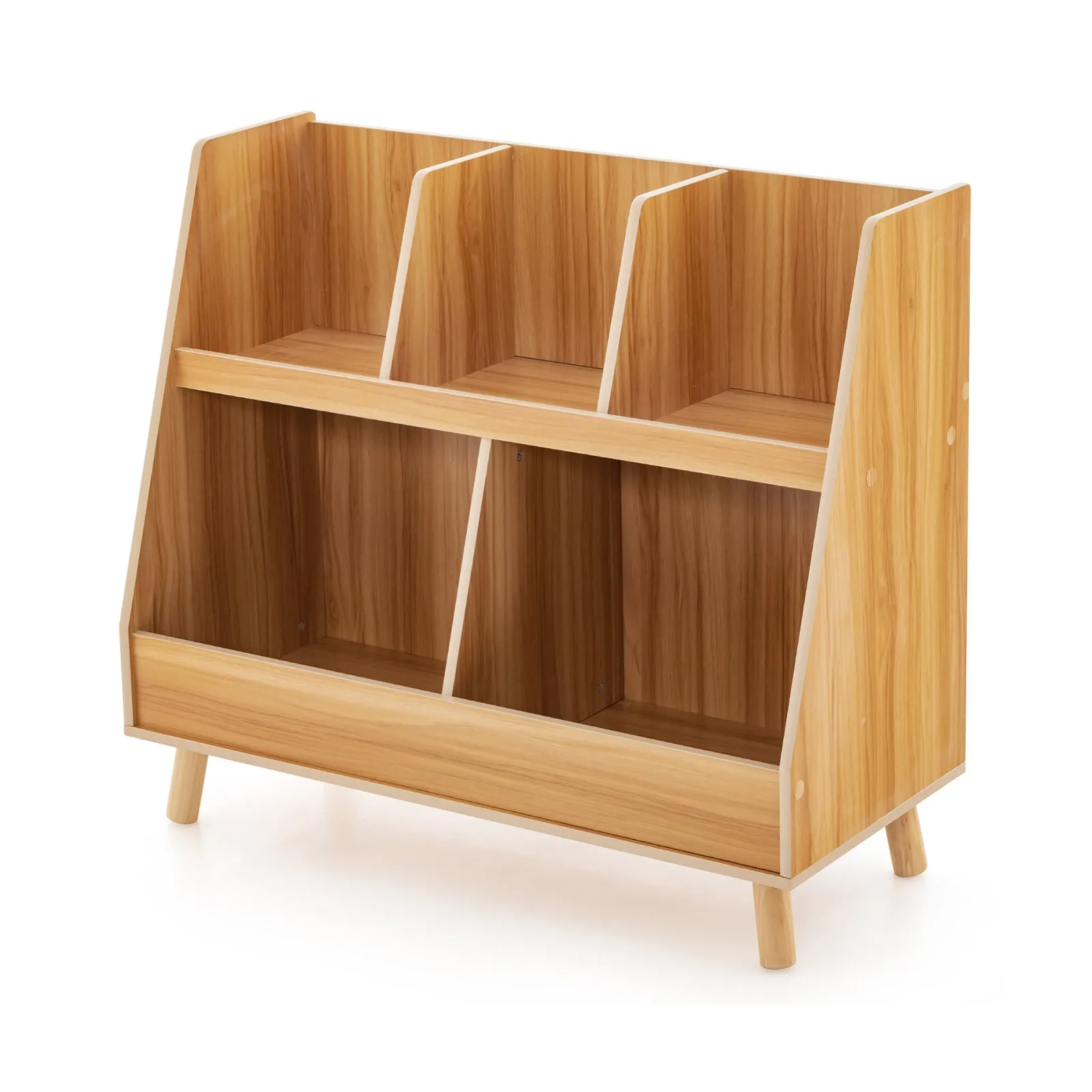 5-Cube Kids Bookshelf and Toy Organizer with Solid Wood Legs and Anti-Tipping Kits-Natural