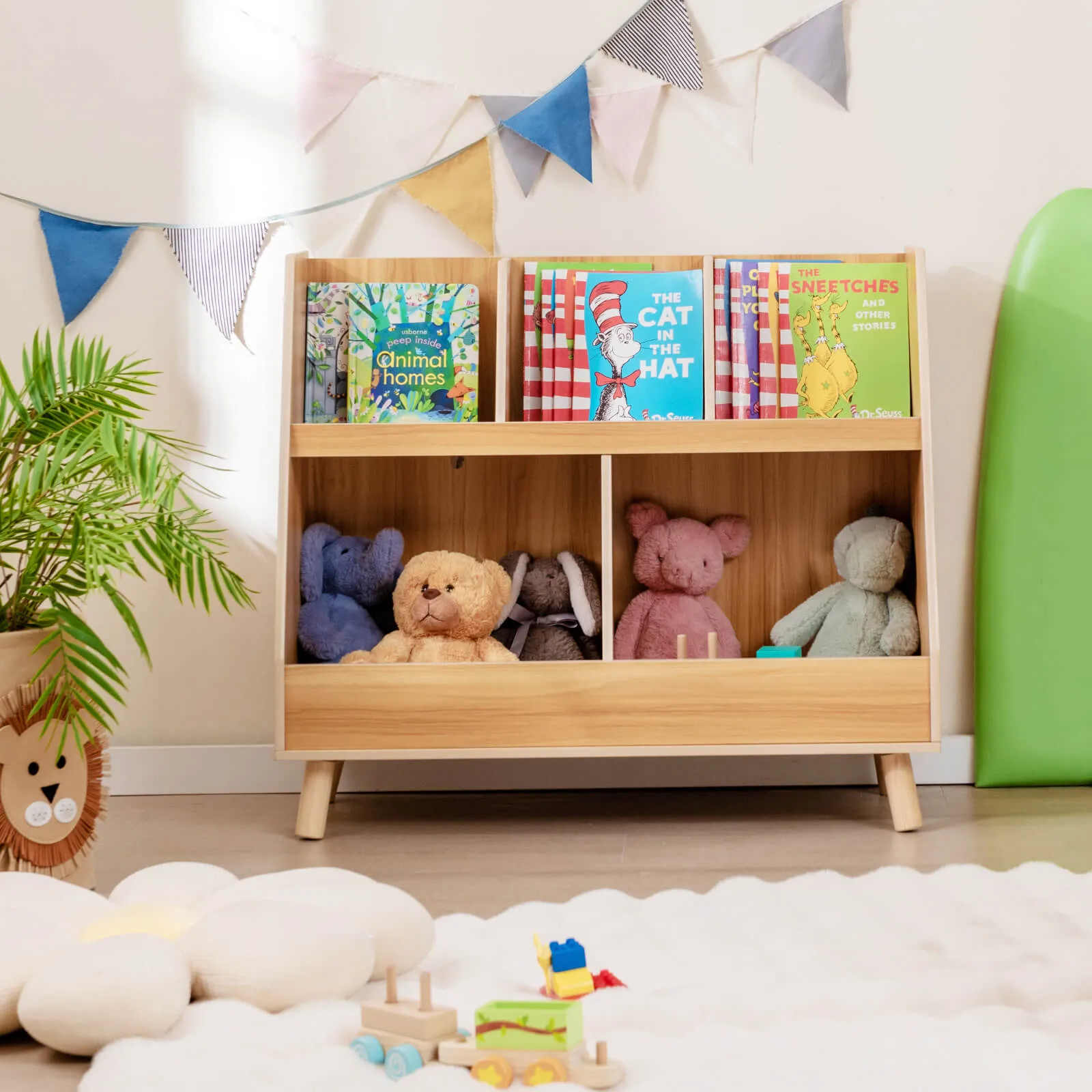 5-Cube Kids Bookshelf and Toy Organizer with Solid Wood Legs and Anti-Tipping Kits-Natural