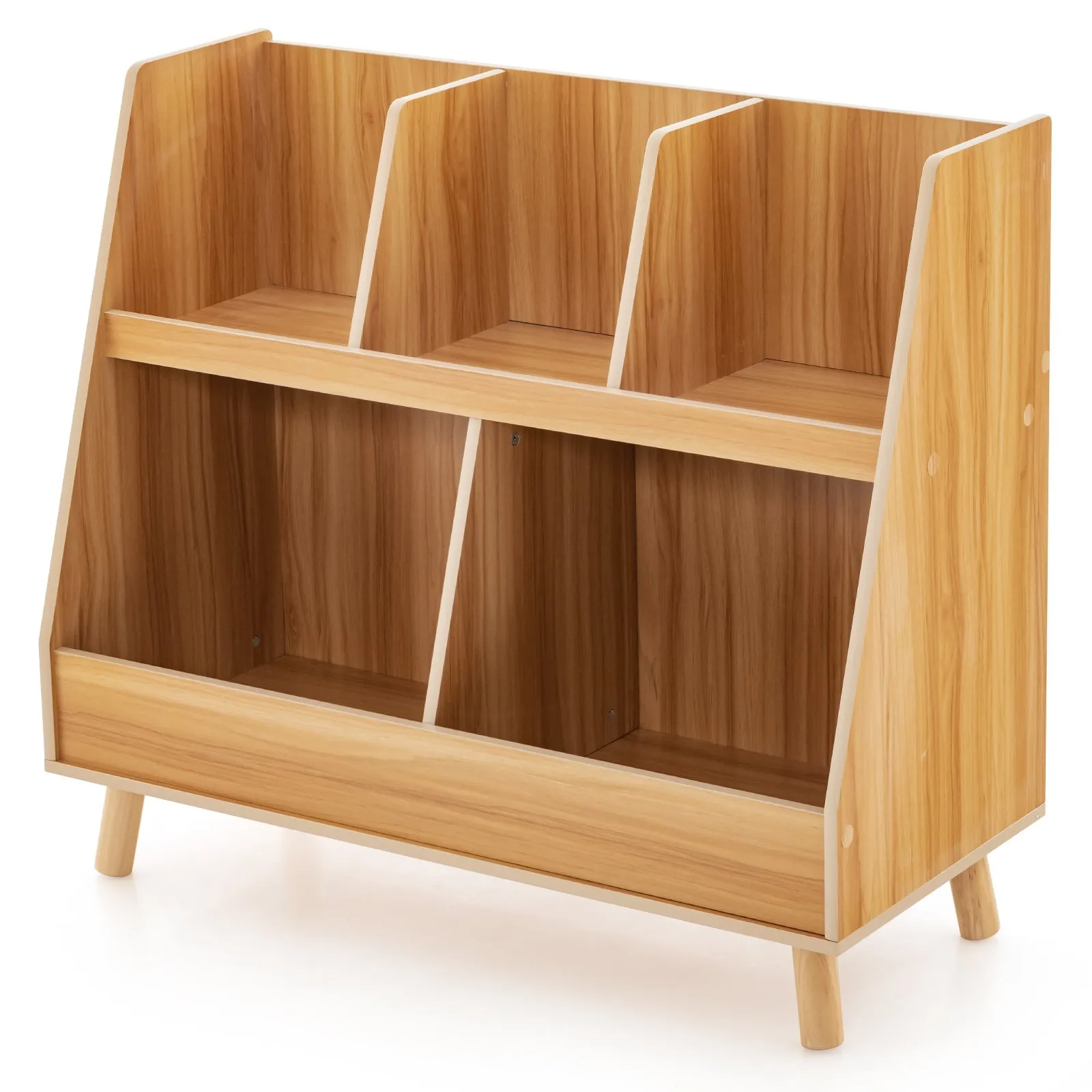 5-Cube Kids Bookshelf and Toy Organizer with Solid Wood Legs and Anti-Tipping Kits-Natural