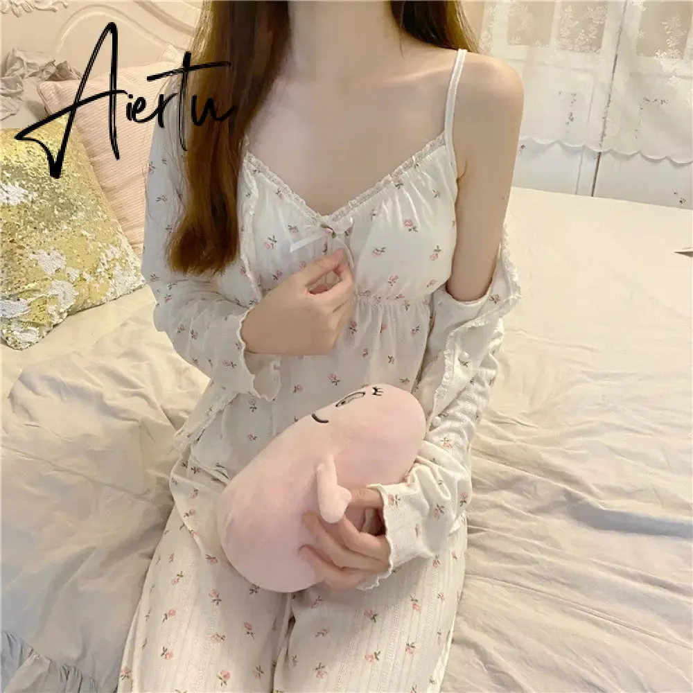 Aiertu Pajama Three Piece Set Print Camisole Cardigan with Chest Pad Trousers Homewear Women's Spring Summer Mori Girl Style