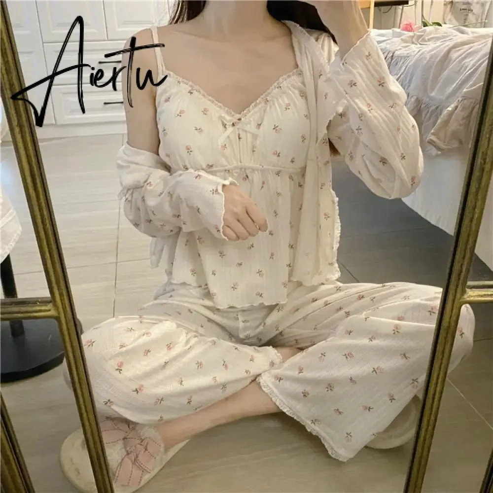 Aiertu Pajama Three Piece Set Print Camisole Cardigan with Chest Pad Trousers Homewear Women's Spring Summer Mori Girl Style