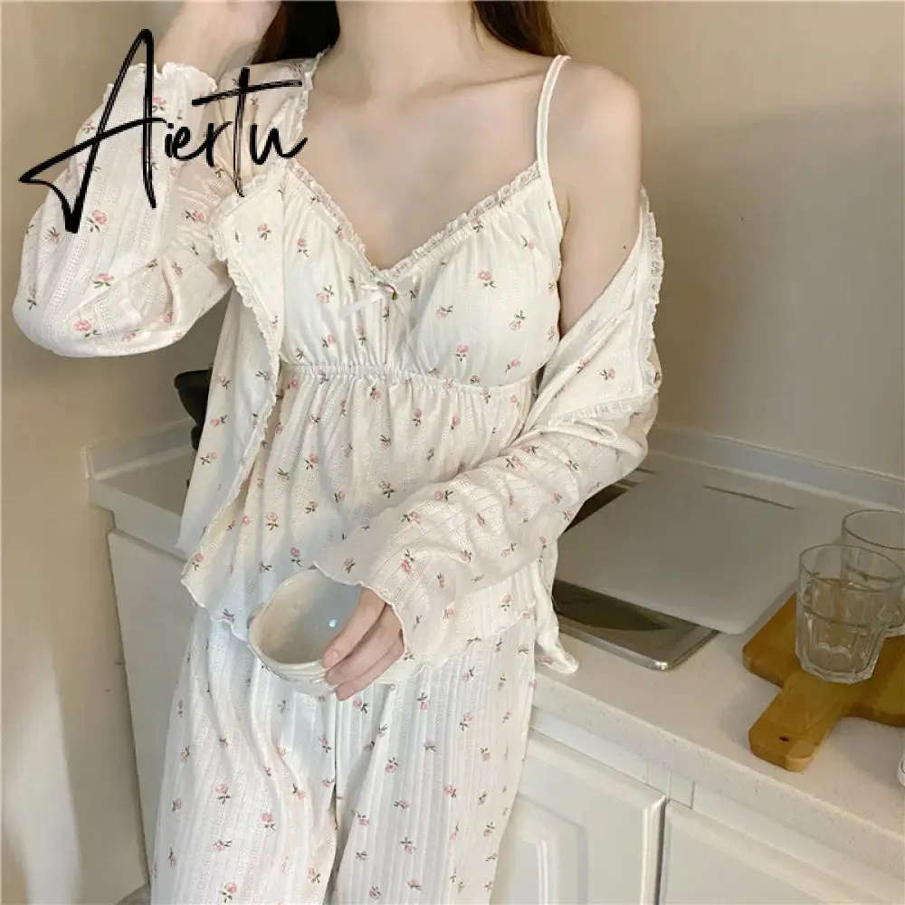 Aiertu Pajama Three Piece Set Print Camisole Cardigan with Chest Pad Trousers Homewear Women's Spring Summer Mori Girl Style