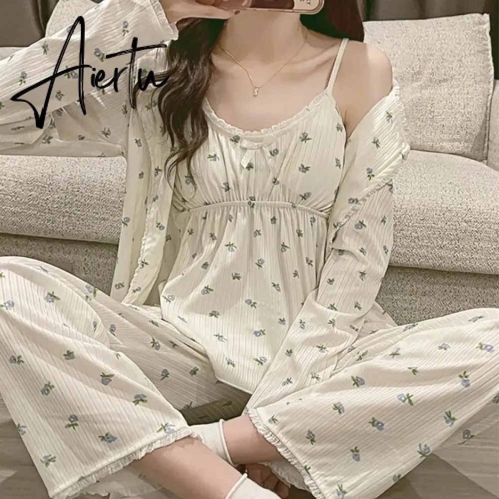 Aiertu Pajama Three Piece Set Print Camisole Cardigan with Chest Pad Trousers Homewear Women's Spring Summer Mori Girl Style