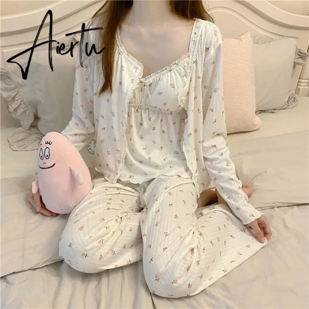 Aiertu Pajama Three Piece Set Print Camisole Cardigan with Chest Pad Trousers Homewear Women's Spring Summer Mori Girl Style