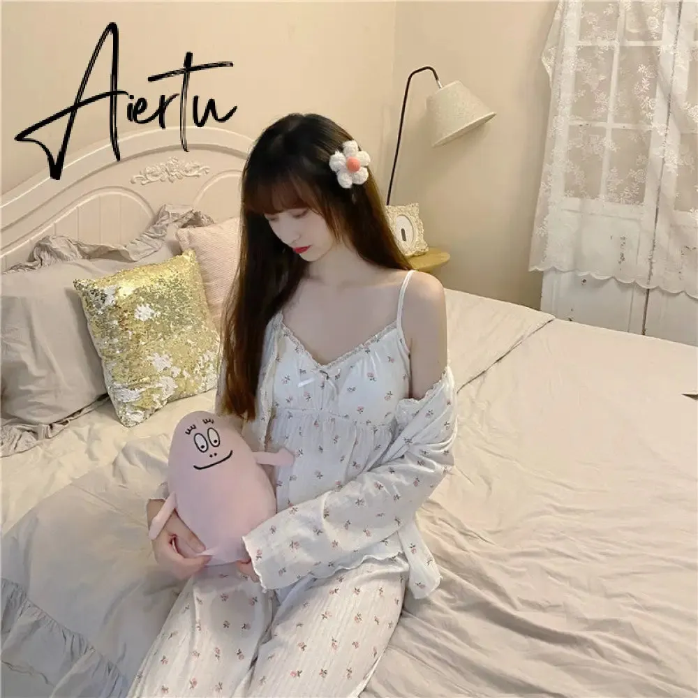 Aiertu Pajama Three Piece Set Print Camisole Cardigan with Chest Pad Trousers Homewear Women's Spring Summer Mori Girl Style