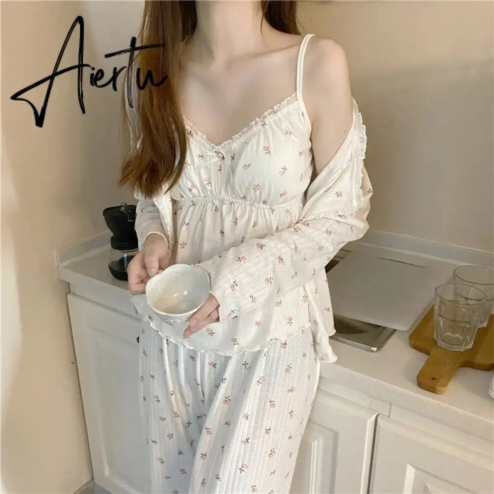 Aiertu Pajama Three Piece Set Print Camisole Cardigan with Chest Pad Trousers Homewear Women's Spring Summer Mori Girl Style