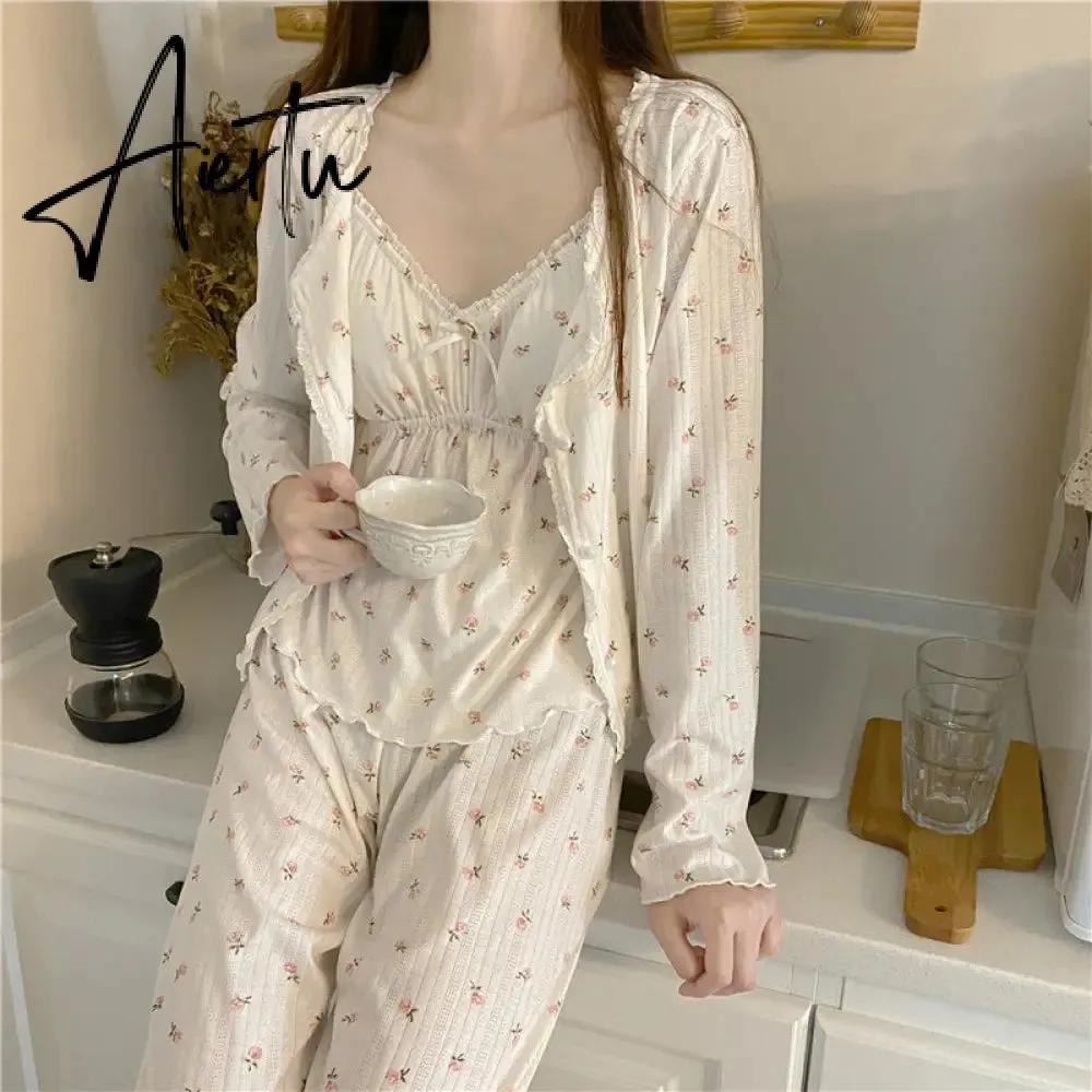 Aiertu Pajama Three Piece Set Print Camisole Cardigan with Chest Pad Trousers Homewear Women's Spring Summer Mori Girl Style