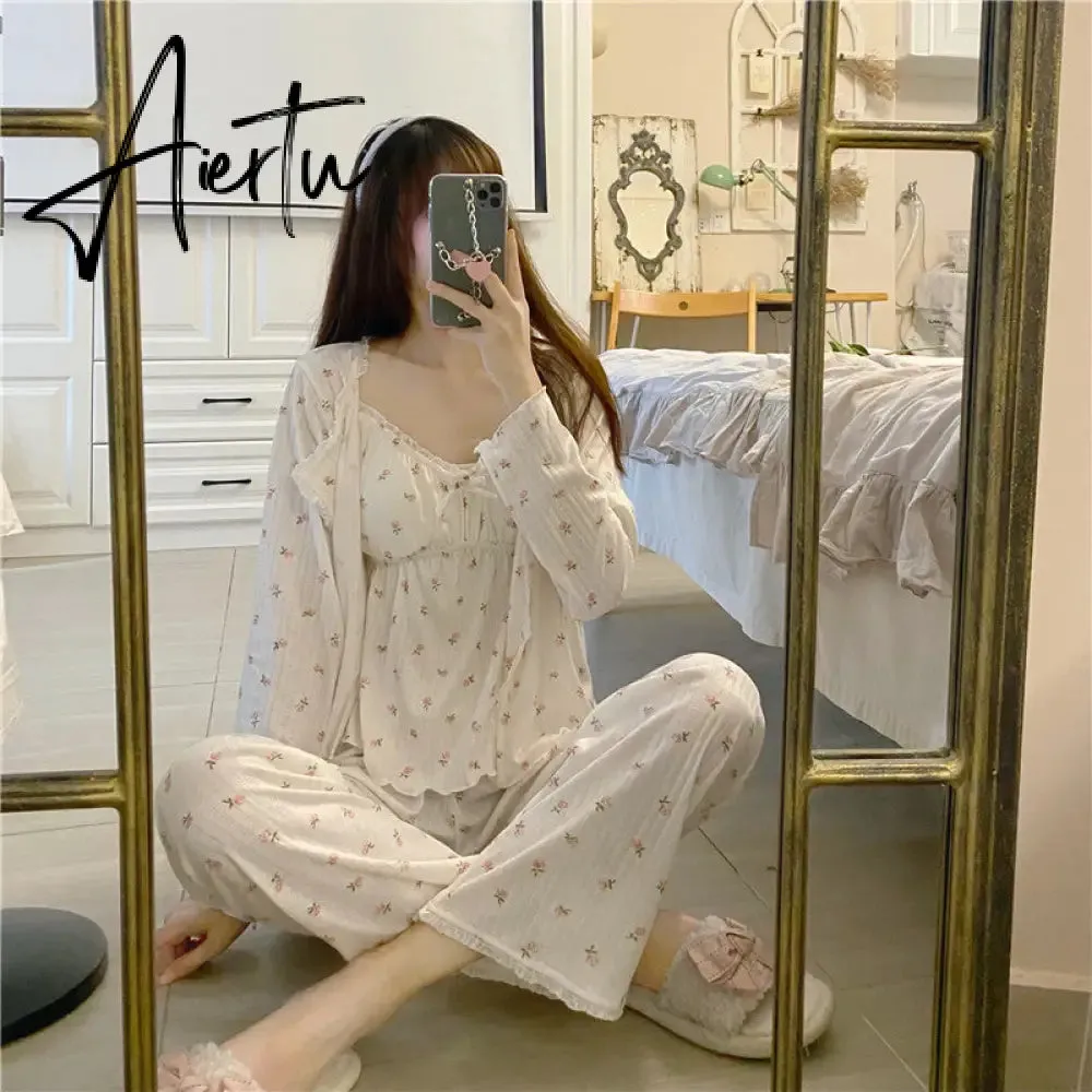 Aiertu Pajama Three Piece Set Print Camisole Cardigan with Chest Pad Trousers Homewear Women's Spring Summer Mori Girl Style