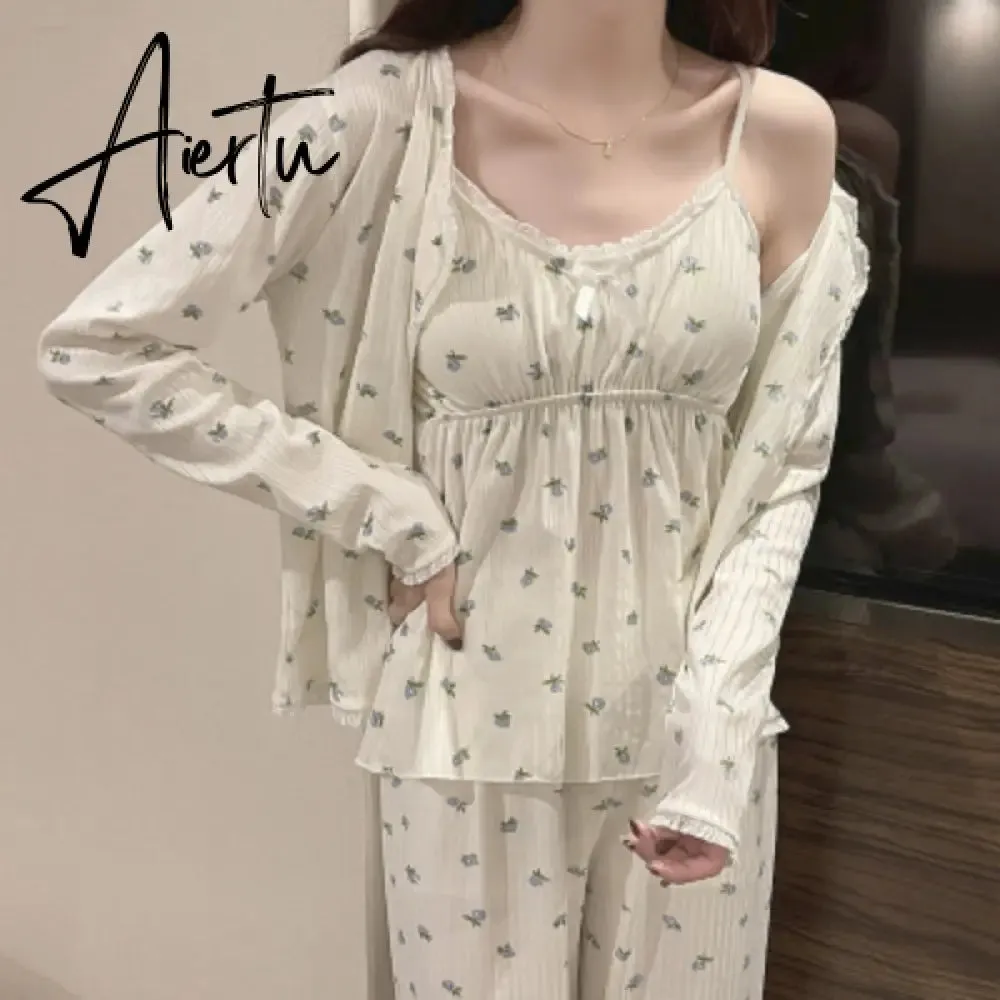 Aiertu Pajama Three Piece Set Print Camisole Cardigan with Chest Pad Trousers Homewear Women's Spring Summer Mori Girl Style