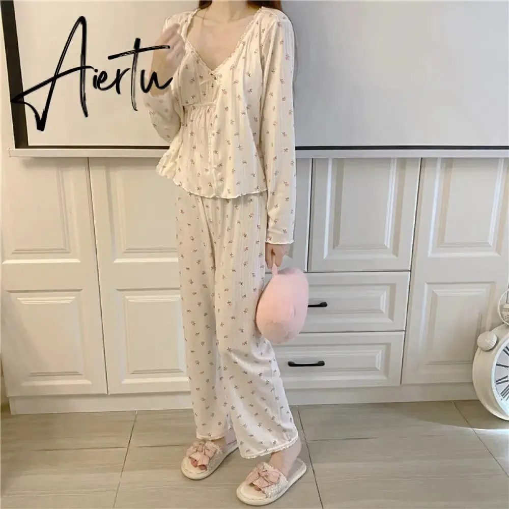 Aiertu Pajama Three Piece Set Print Camisole Cardigan with Chest Pad Trousers Homewear Women's Spring Summer Mori Girl Style