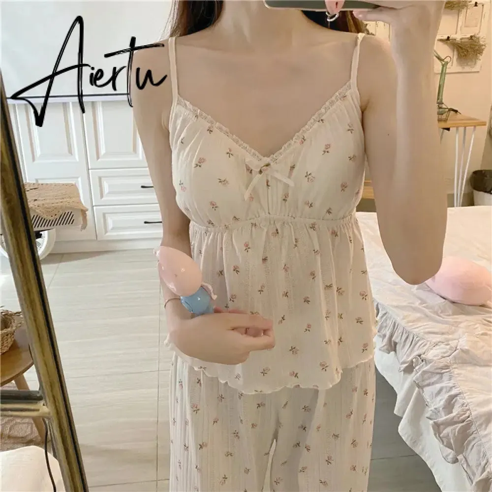 Aiertu Pajama Three Piece Set Print Camisole Cardigan with Chest Pad Trousers Homewear Women's Spring Summer Mori Girl Style