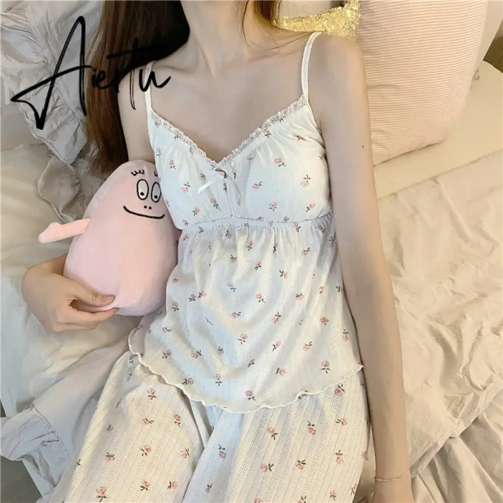 Aiertu Pajama Three Piece Set Print Camisole Cardigan with Chest Pad Trousers Homewear Women's Spring Summer Mori Girl Style