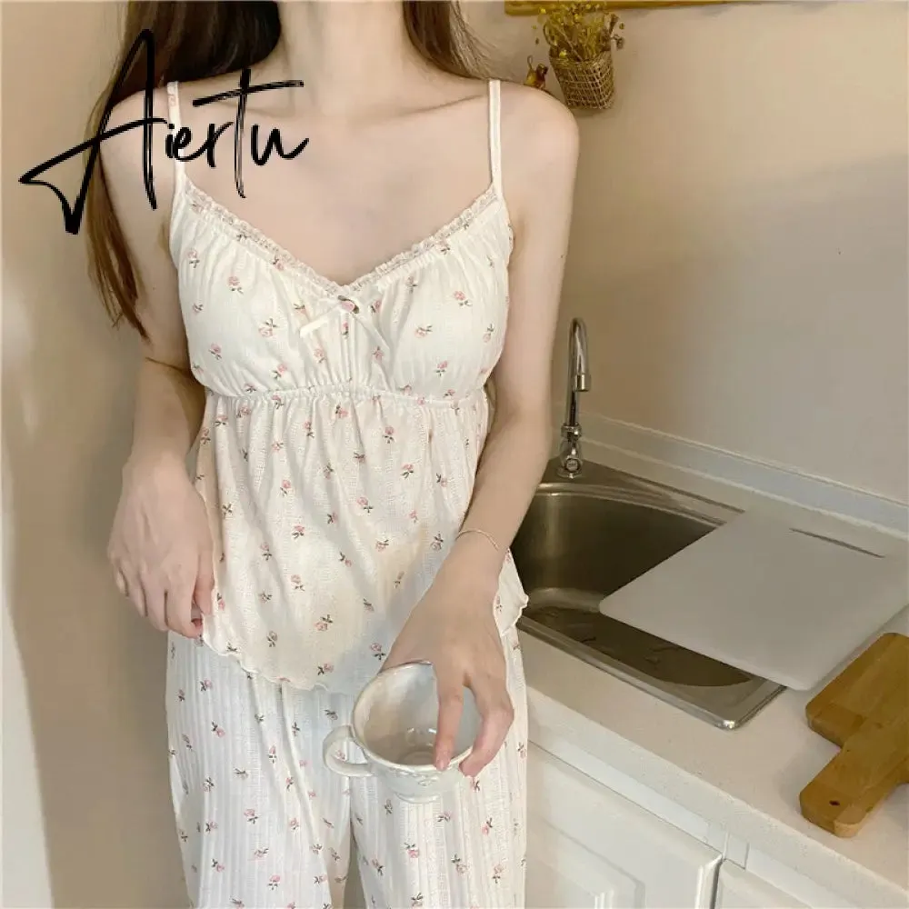 Aiertu Pajama Three Piece Set Print Camisole Cardigan with Chest Pad Trousers Homewear Women's Spring Summer Mori Girl Style