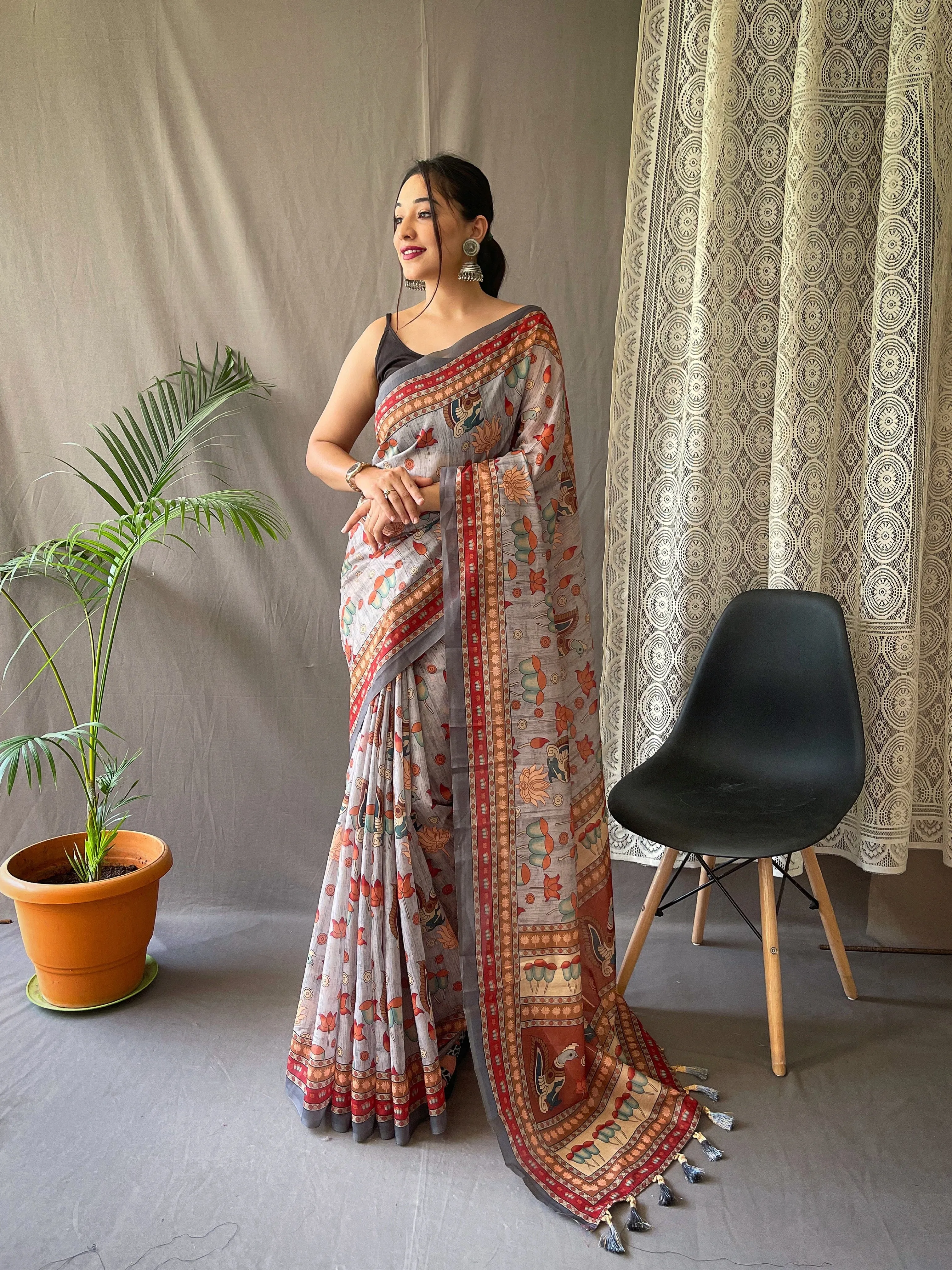 Ash Grey Saree in Kadambari Cotton Kalamkari Print