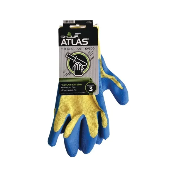 ATLAS KV300L-09.RT Coated Gloves, L, Knit Wrist Cuff, Blue/Yellow