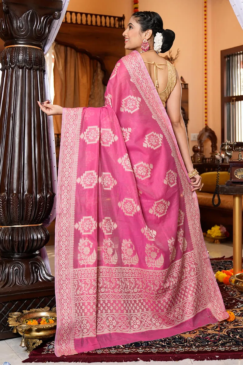 Attractive Dark Pink Linen Silk Saree With Refreshing Blouse Piece