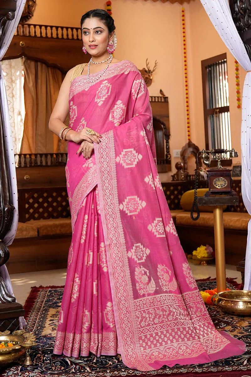 Attractive Dark Pink Linen Silk Saree With Refreshing Blouse Piece