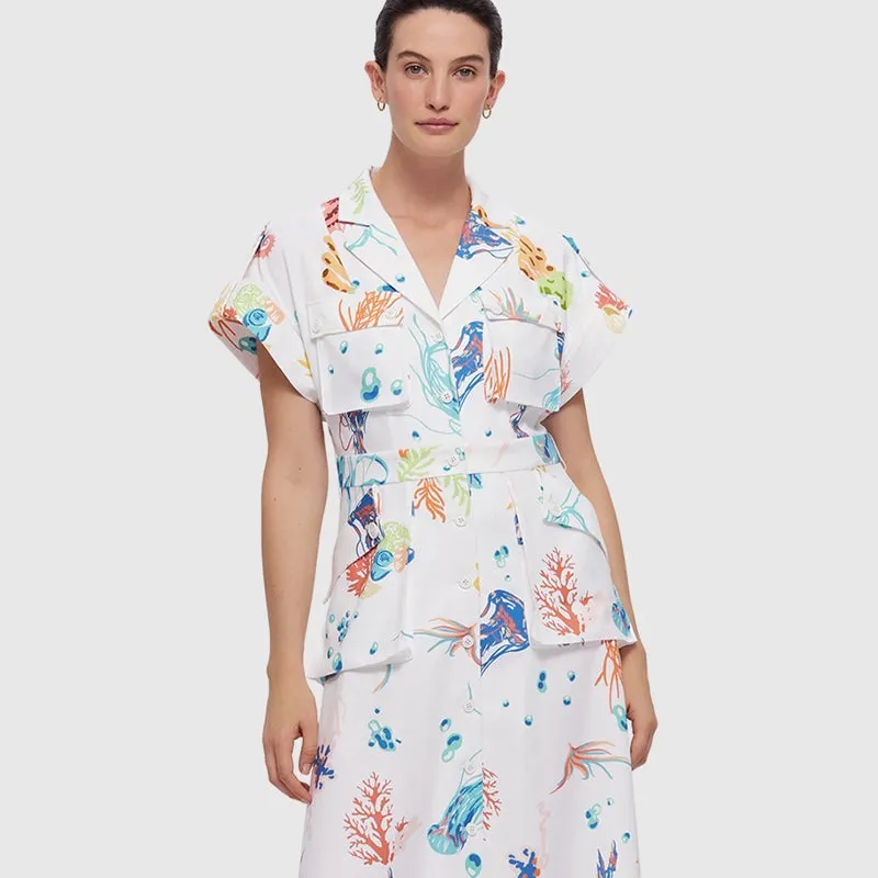 Audrey Pocket Shirt Midi Dress - Twilight Print in White