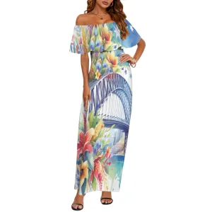 Australia Sydney Harbour Bridge awd1315 Women's Off Shoulder Ruffle Boat Neck Dress (Model D71)