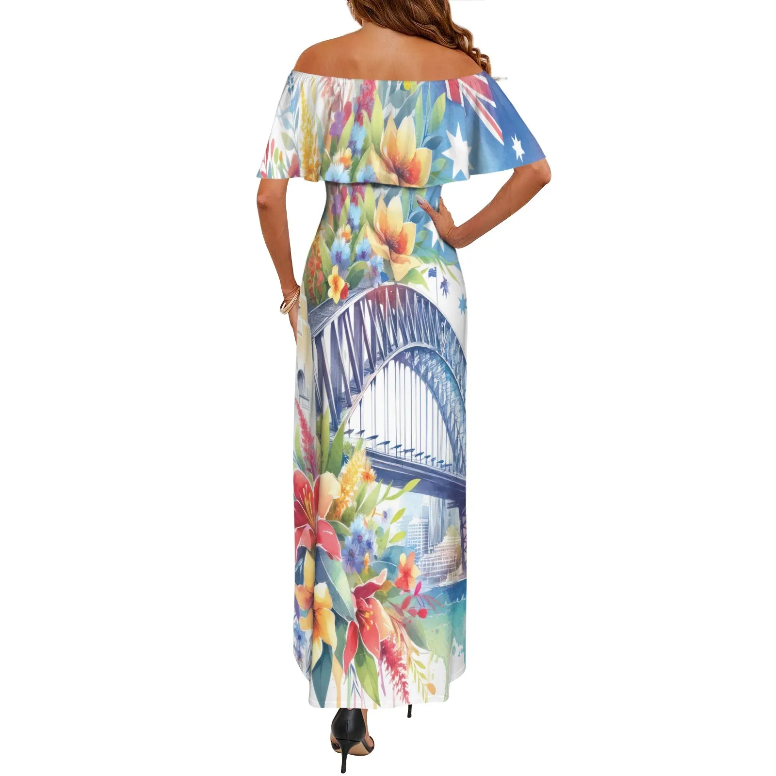 Australia Sydney Harbour Bridge awd1315 Women's Off Shoulder Ruffle Boat Neck Dress (Model D71)