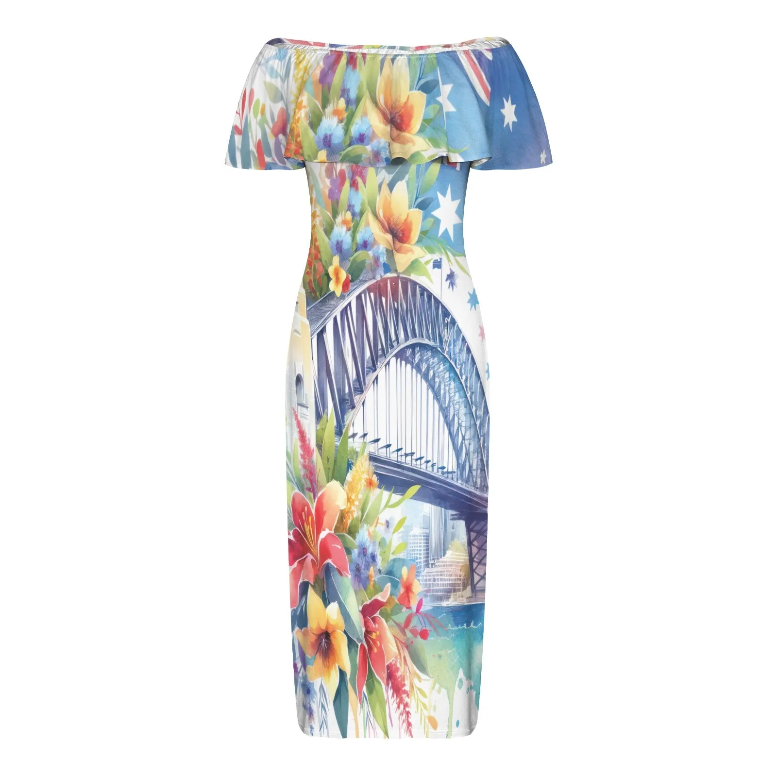 Australia Sydney Harbour Bridge awd1315 Women's Off Shoulder Ruffle Boat Neck Dress (Model D71)