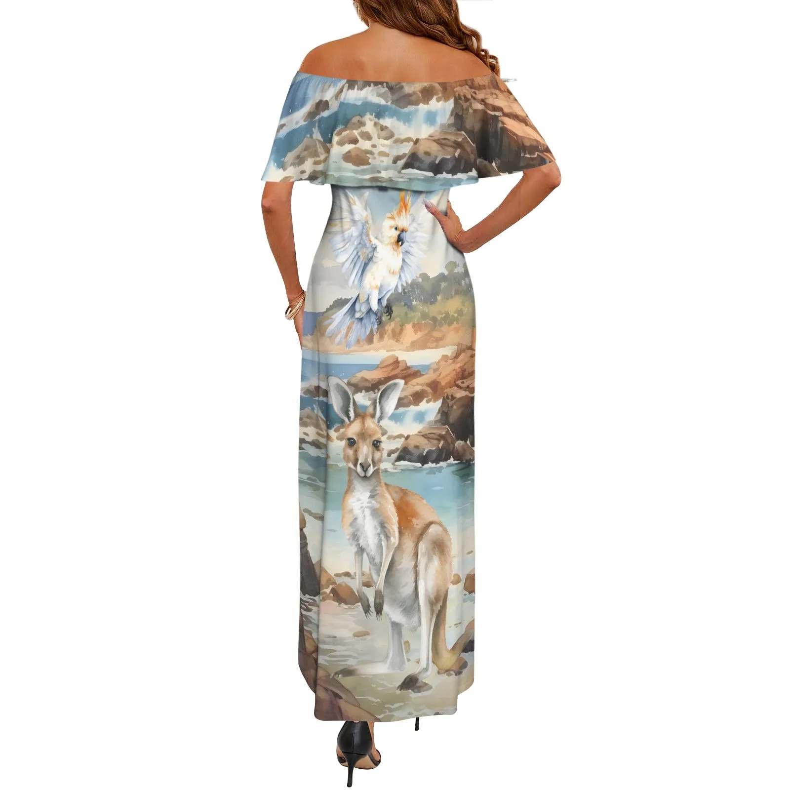 Australian Scene Kangaroo and Cockatoo Women's Off Shoulder Ruffle Boat Neck Dress (Model D71)