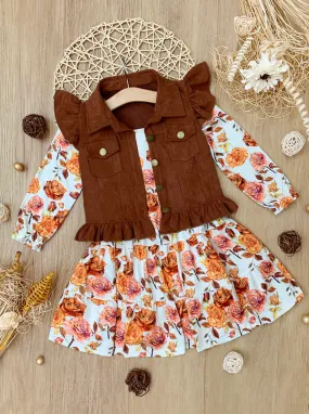 Autumn Floral Faux Suede Vest Dress Set