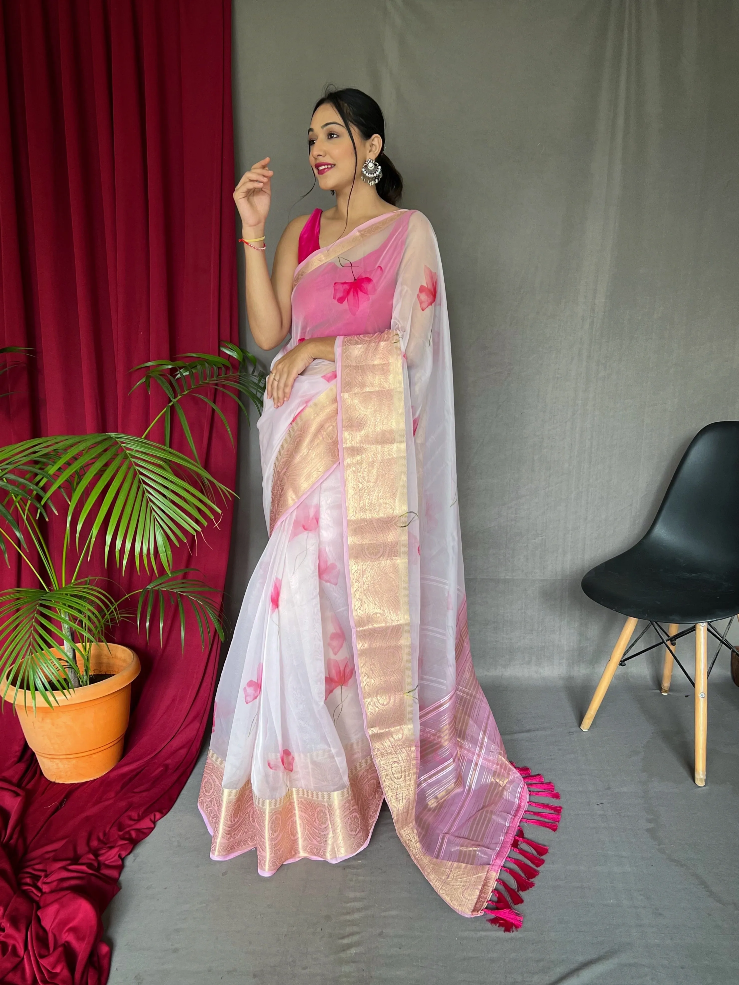 Baby Pink Saree in Organza Digital Floral Print