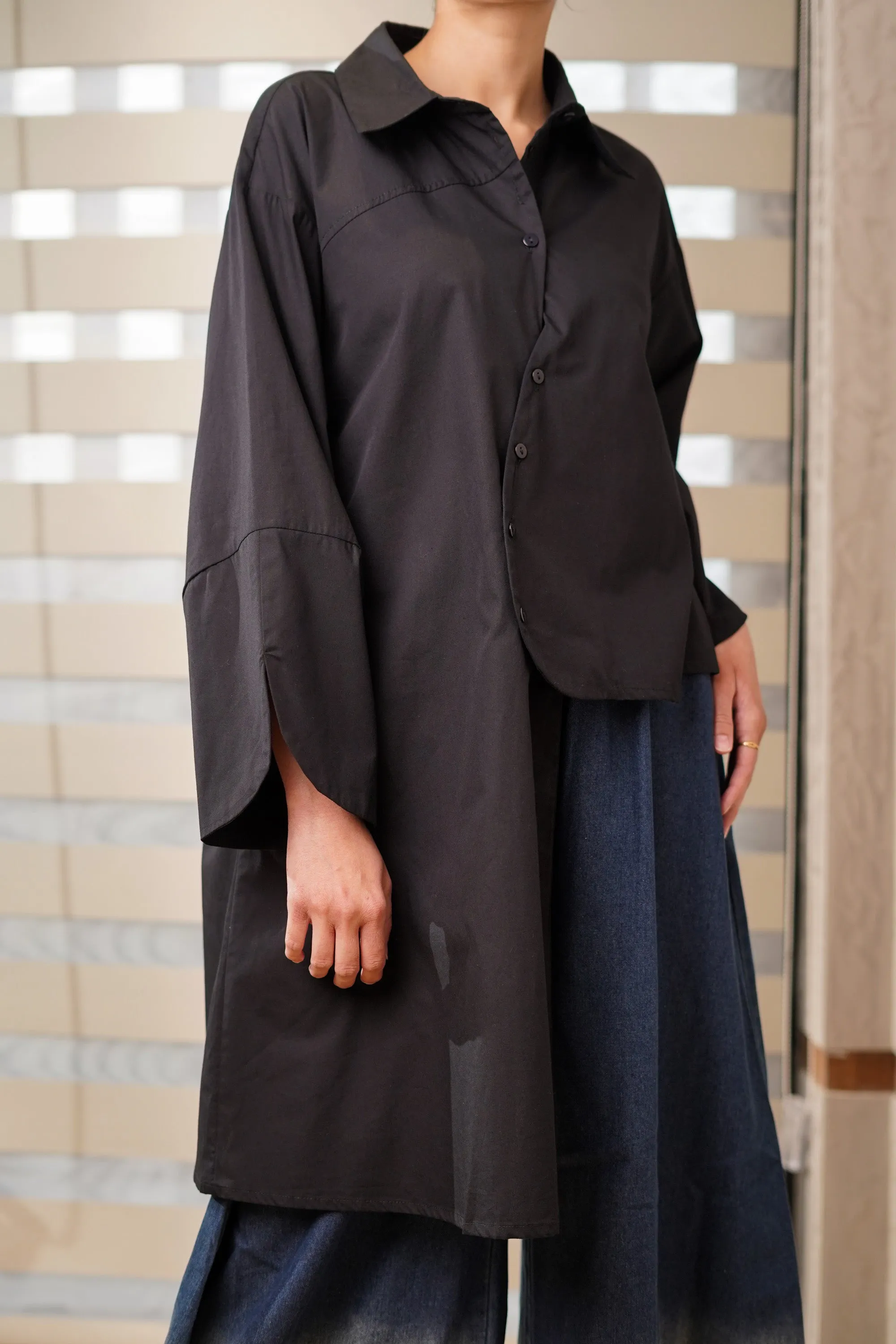 Black Asymmetrical Full-Sleeve Oversized Shirt