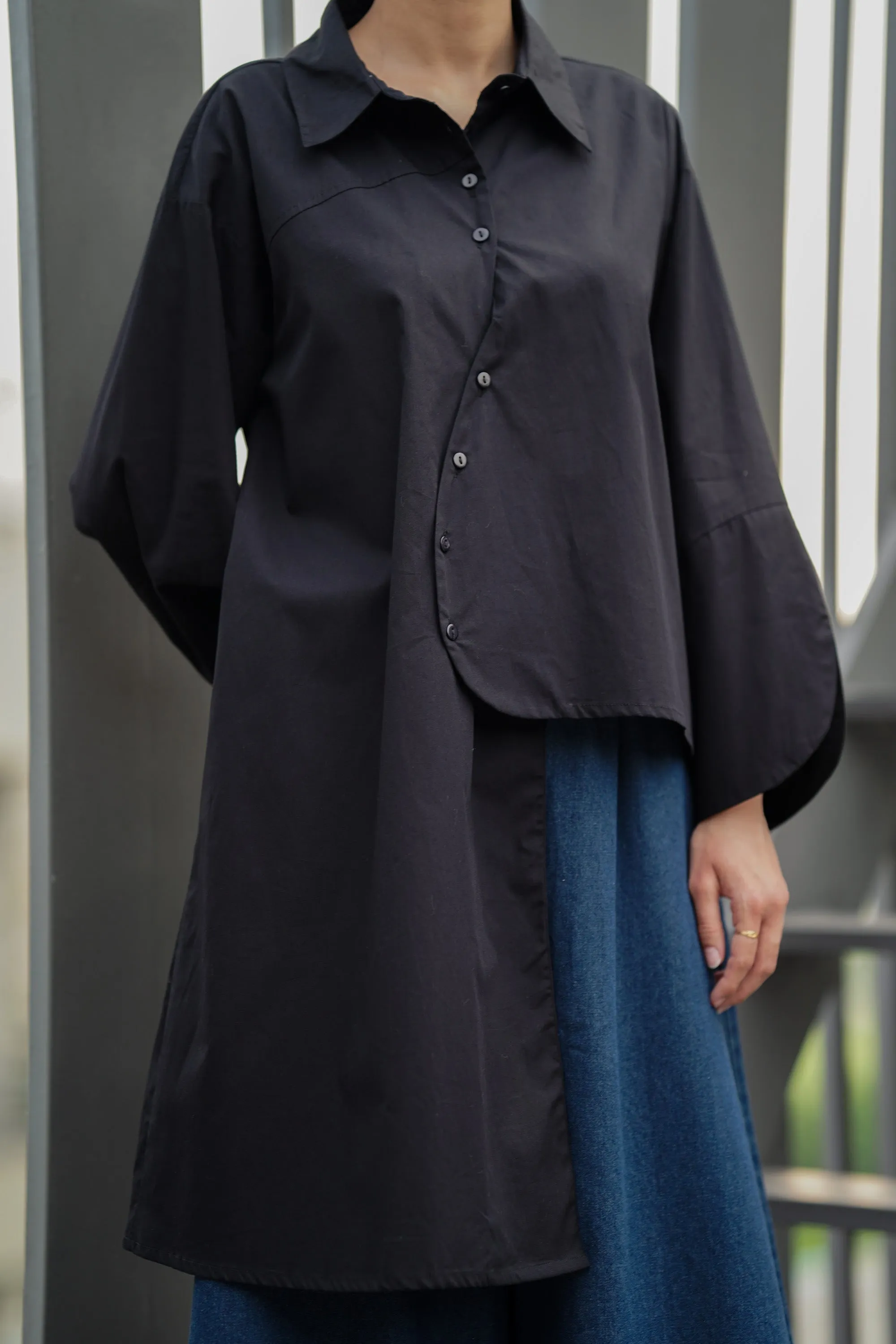 Black Asymmetrical Full-Sleeve Oversized Shirt