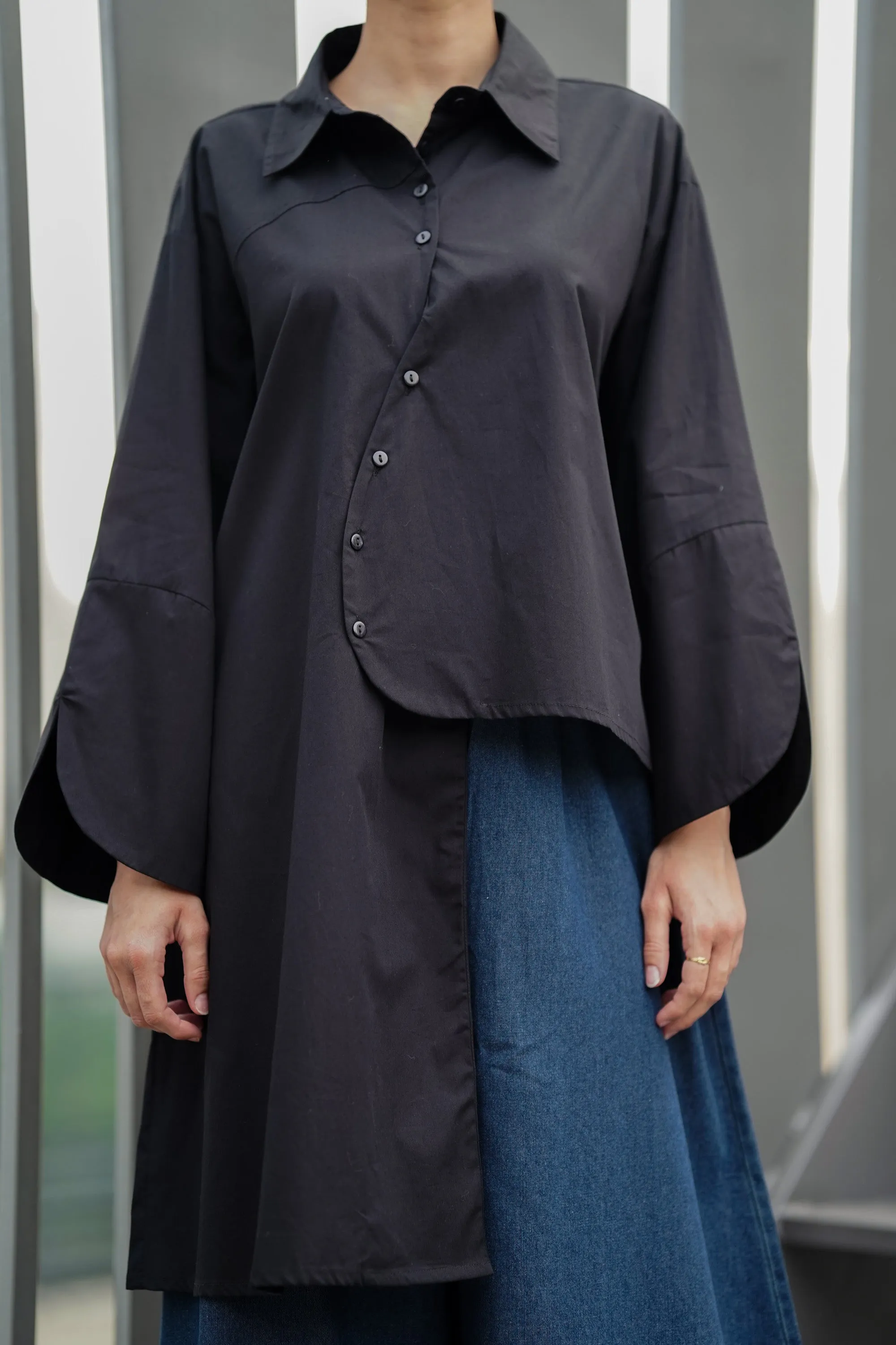 Black Asymmetrical Full-Sleeve Oversized Shirt