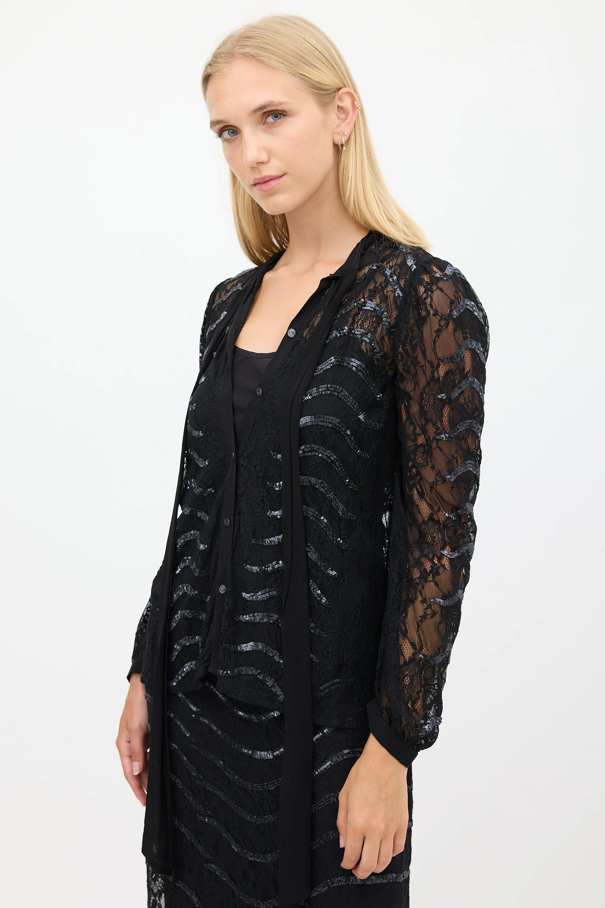 Black Floral Lace Sequinned Shirt