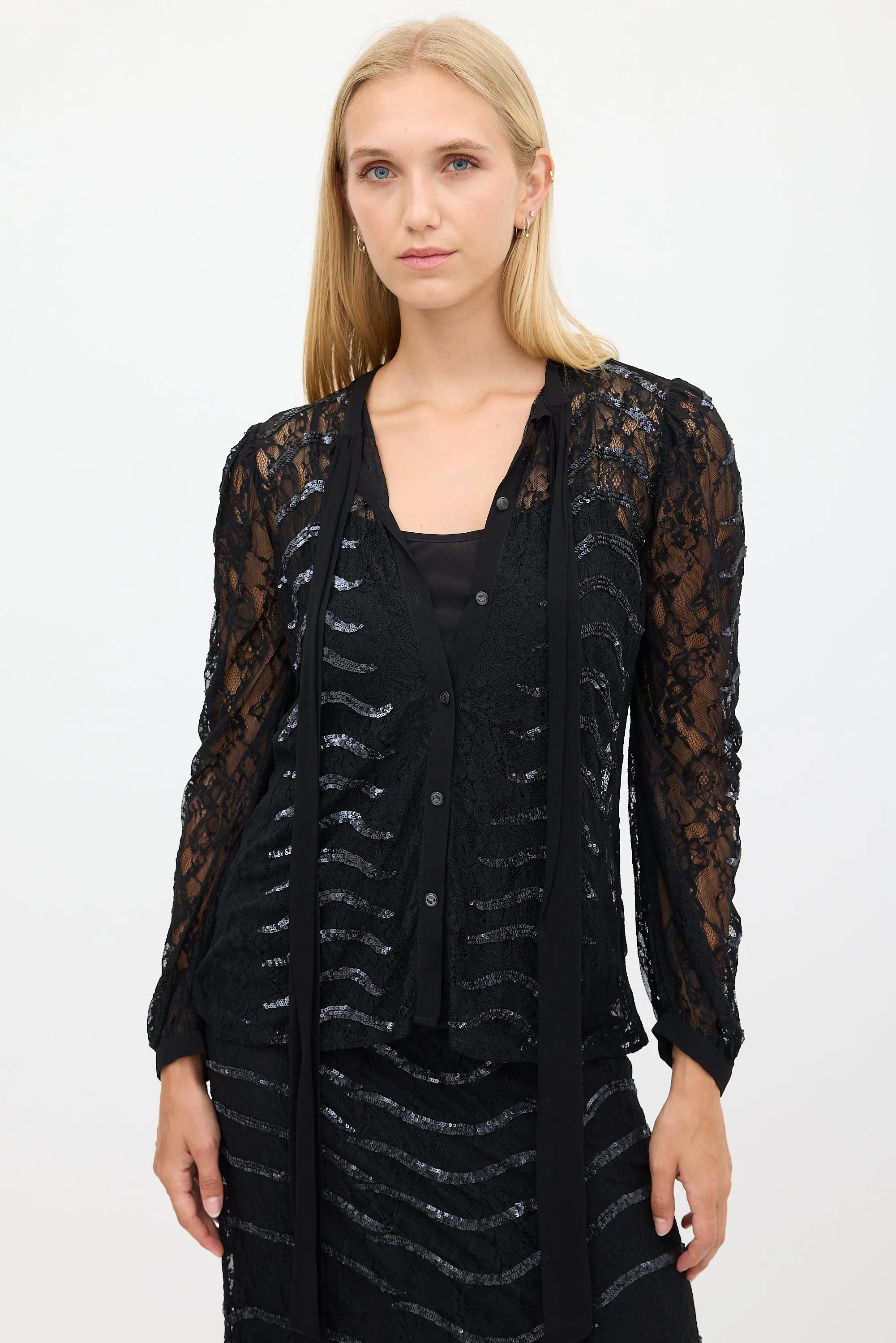 Black Floral Lace Sequinned Shirt