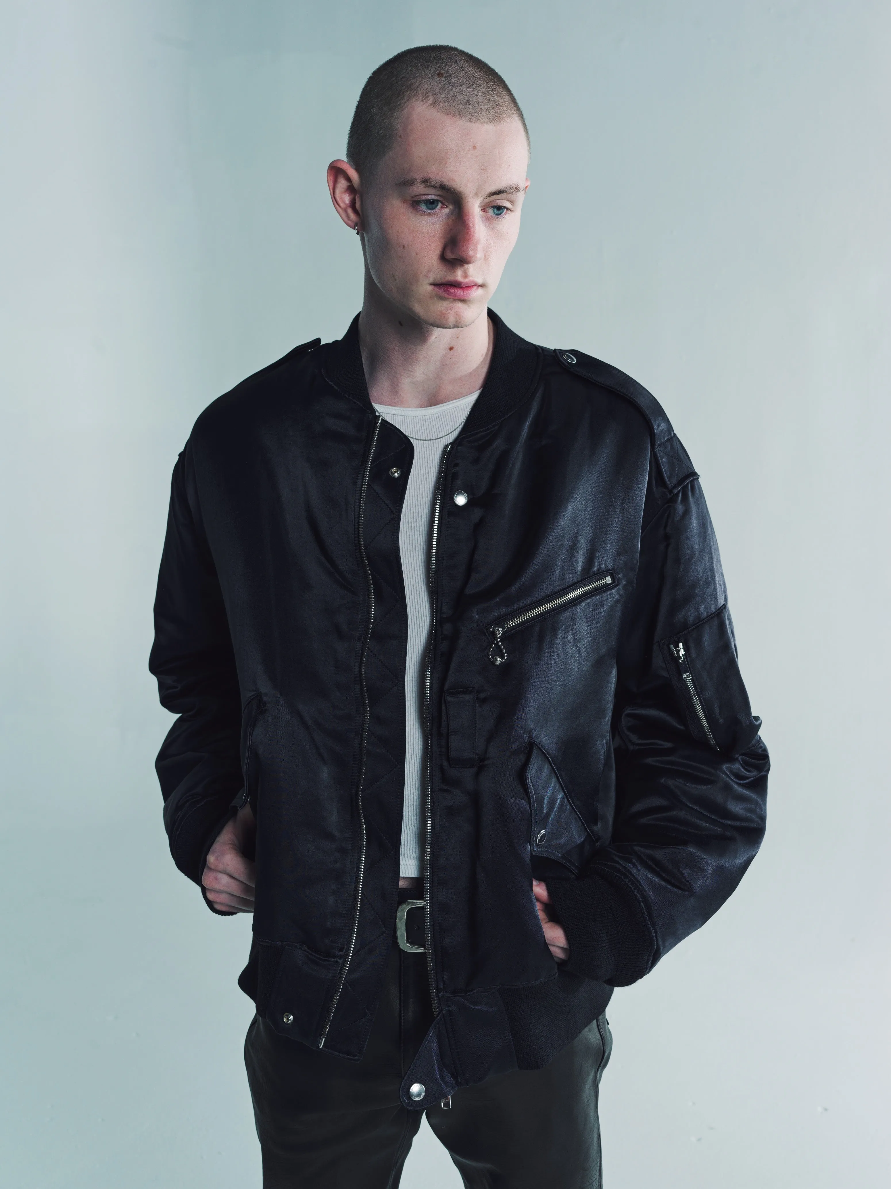 Black Nylon Satin Flight Jacket