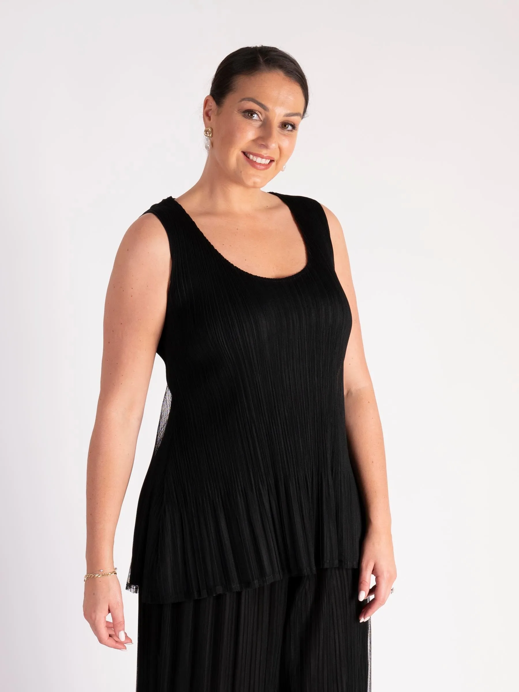 Black Plisse Mesh Camisole