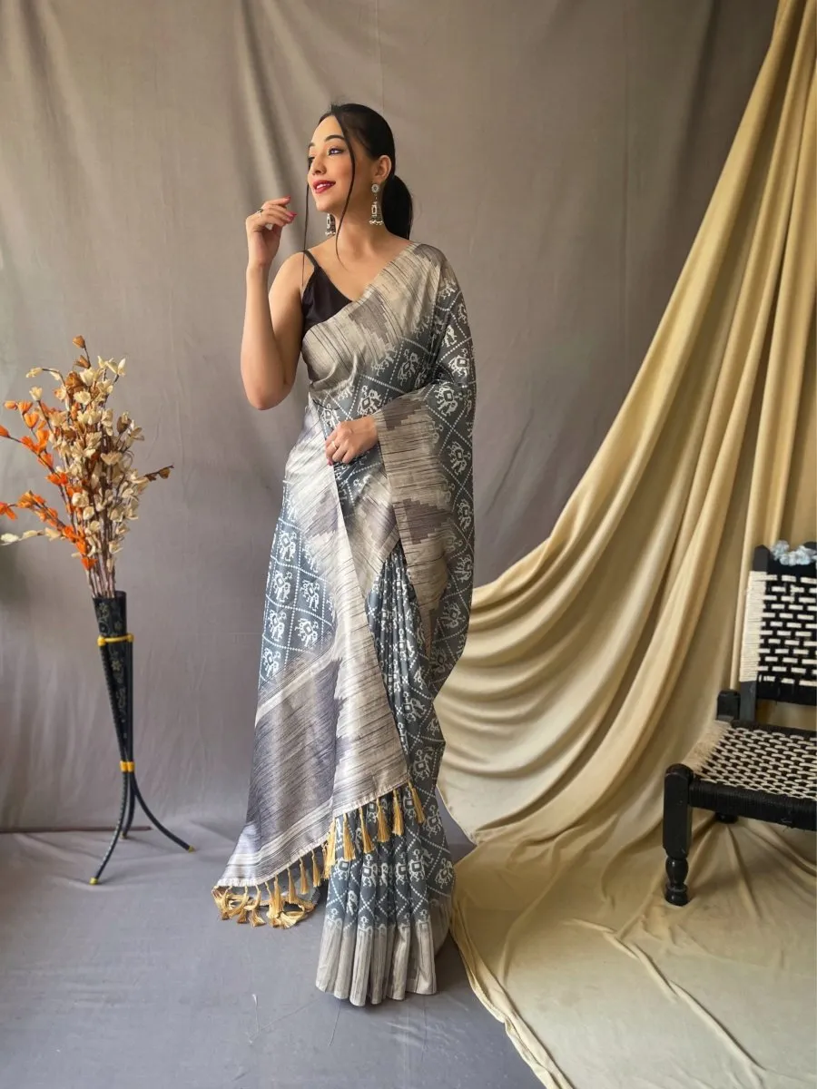 Bluish Grey Saree in Cotton Silk Patola Printed Temple Woven