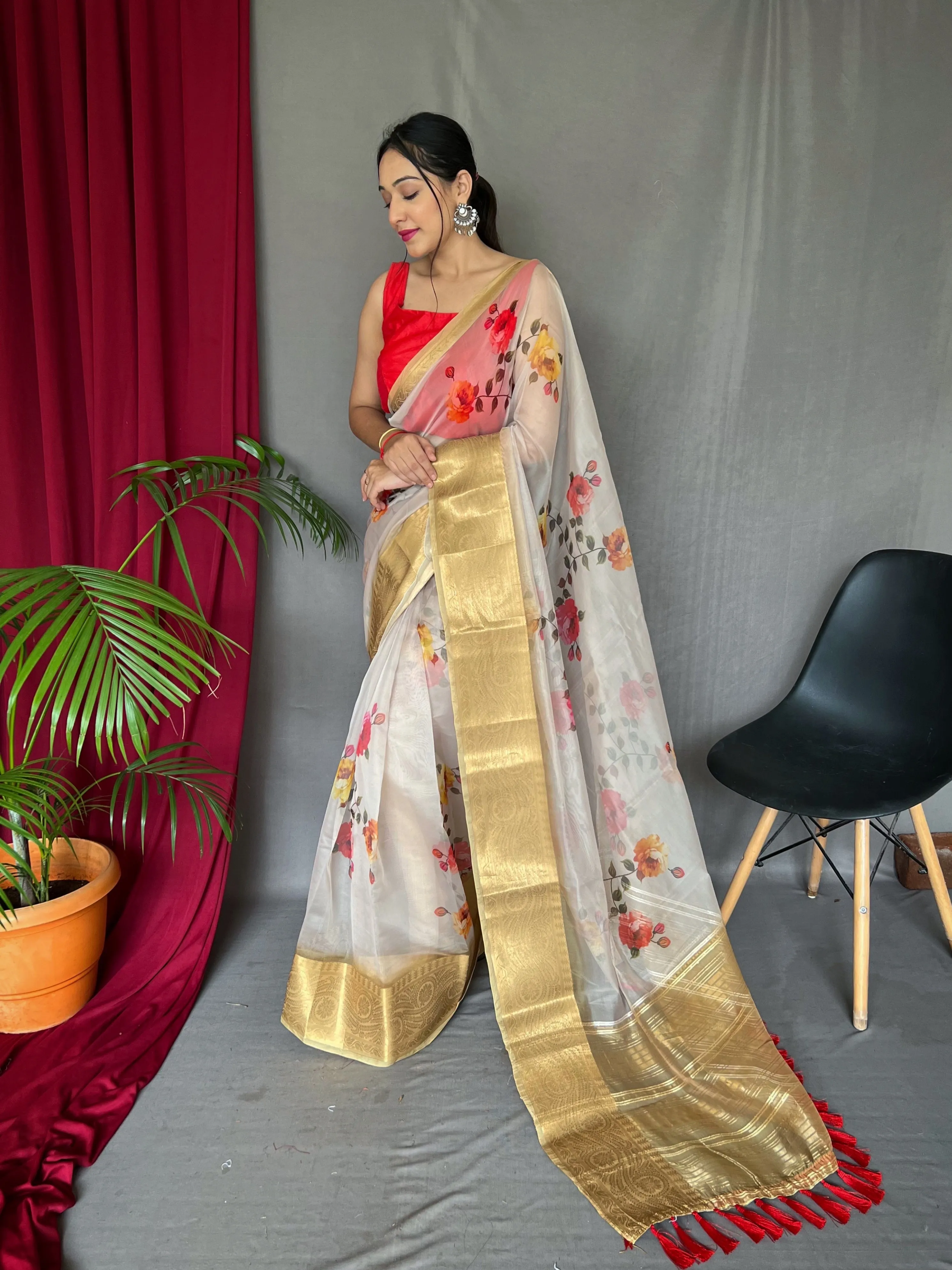 Bone White Saree in Organza Digital Floral Print