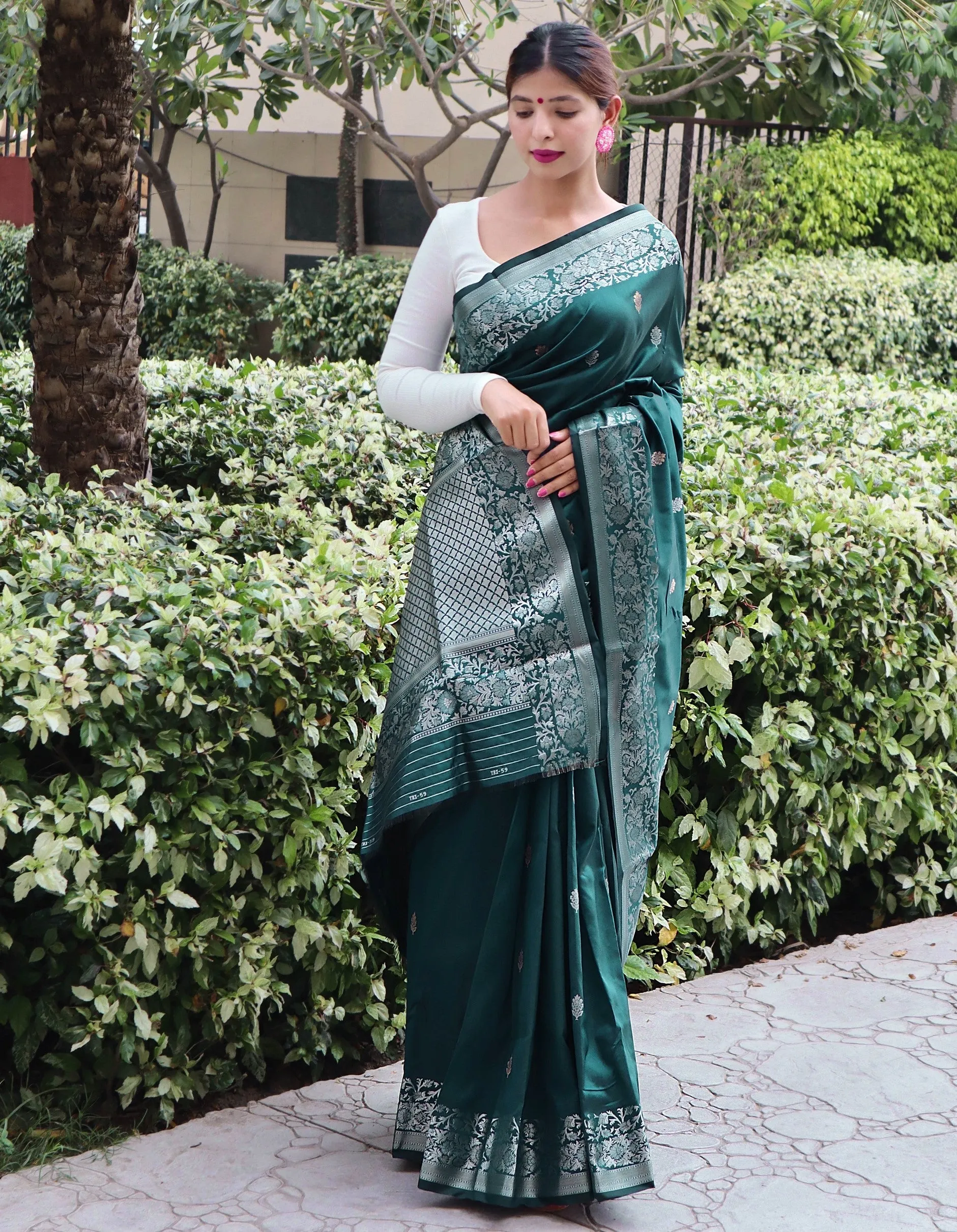 Bottle Green Saree in Soft Silk for women