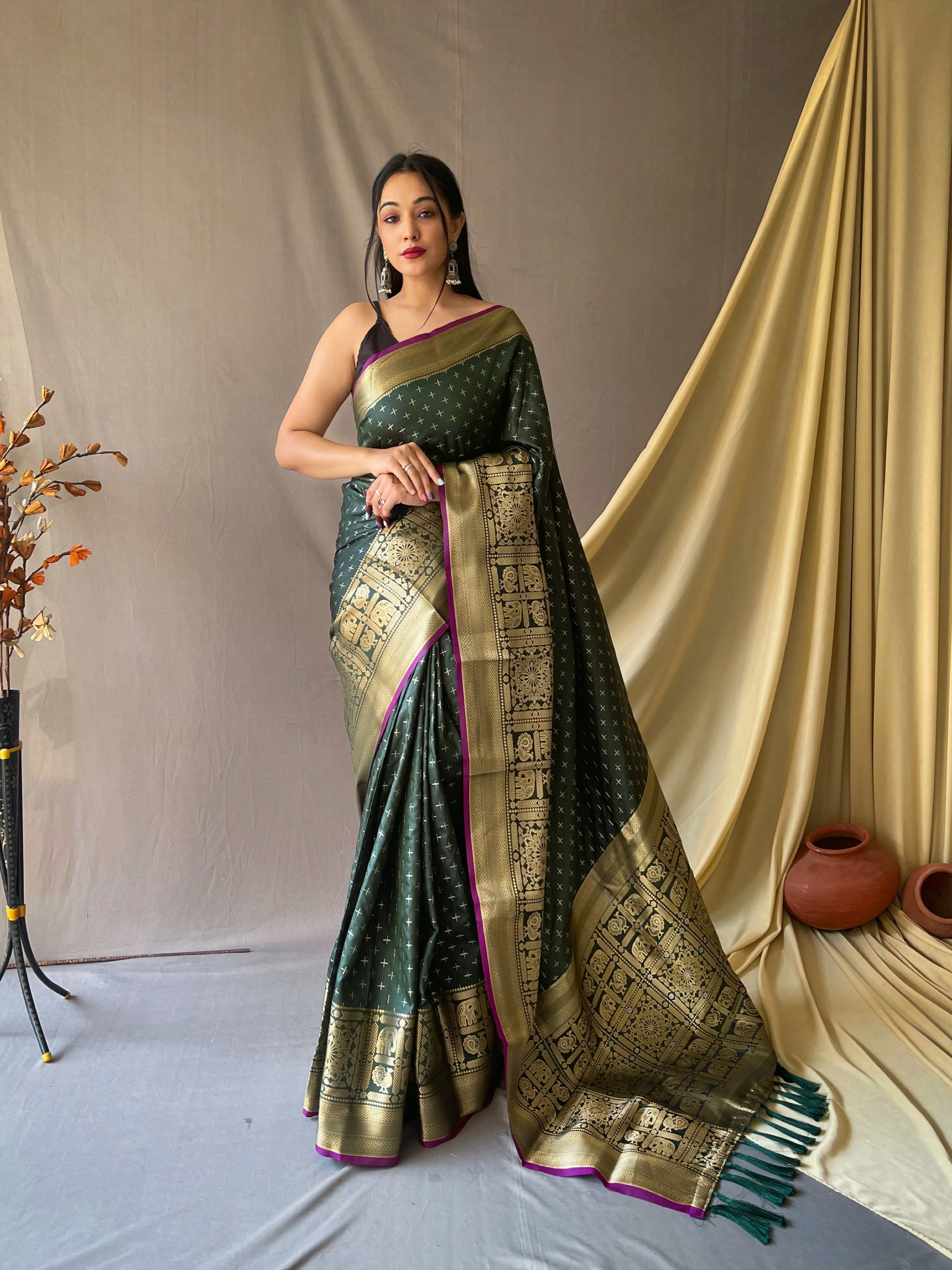 Bottle Green Saree in Soft Silk