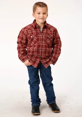 BOYS LONG SLEEVE SNAP CRANBERRY PLAID WESTERN SHIRT JACKET