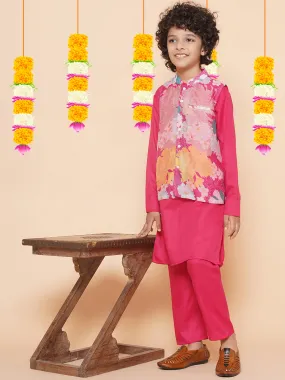 Boys Pink Kurta & Pyjamas with Printed Jacket